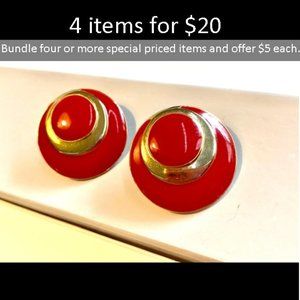 Red Enamel Circles with Gold-Toned Accents  Vintage Pierced Earrings